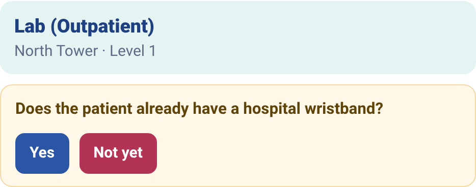 Riverview lab directions asking whether the patient already has a hospital wristband, with Yes and Not yet buttons
